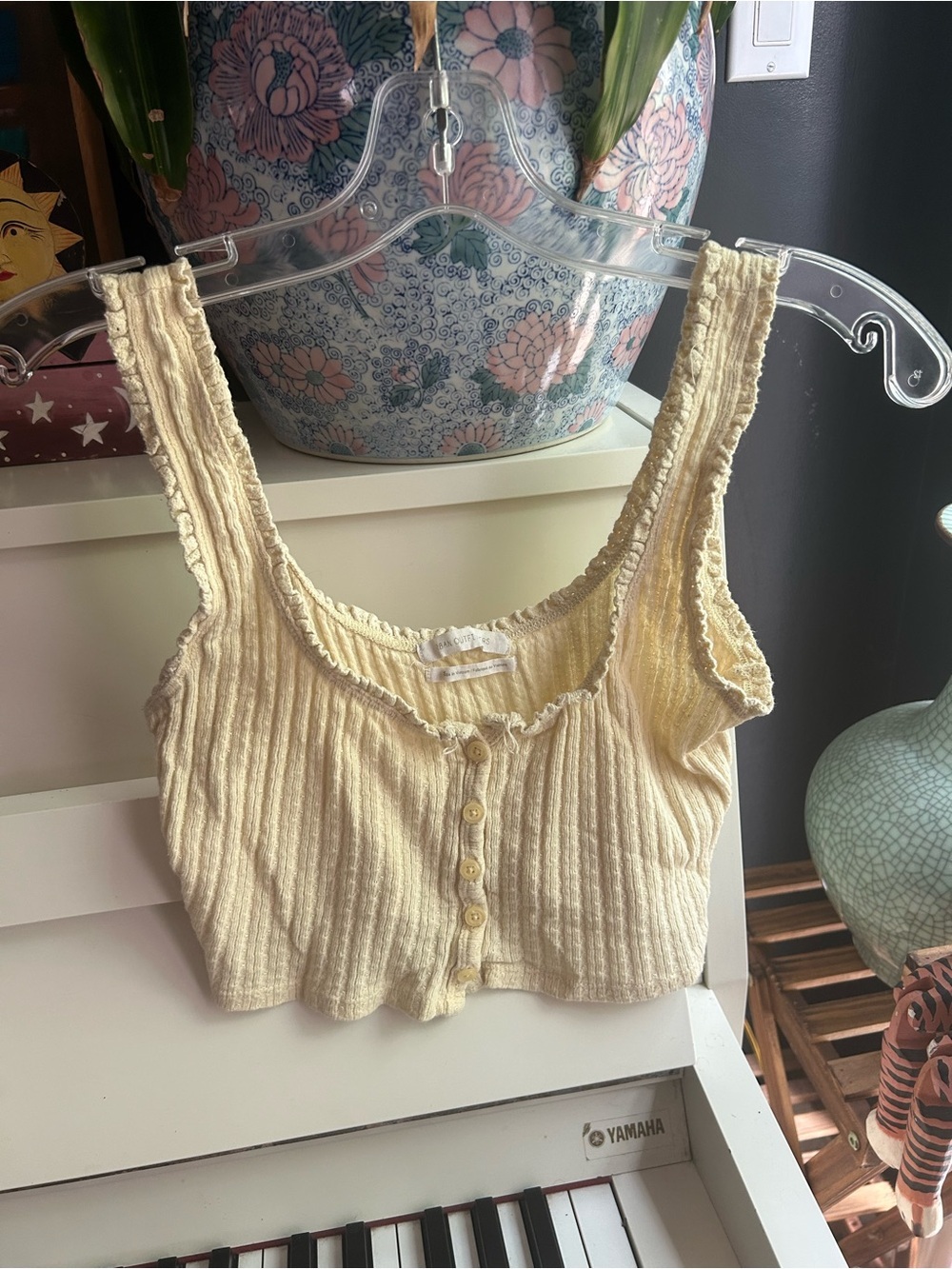 Urban Outfitters Cream Ribbed Button Front Crop Tank Top Cottagecore Women’s S
